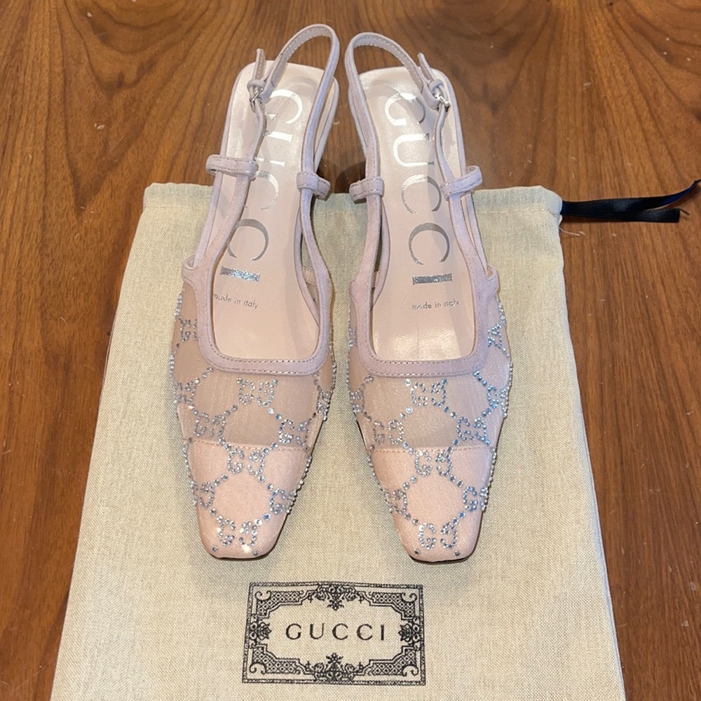 Rhinestone Mesh Nude Slingback Kitten Heels Size 8